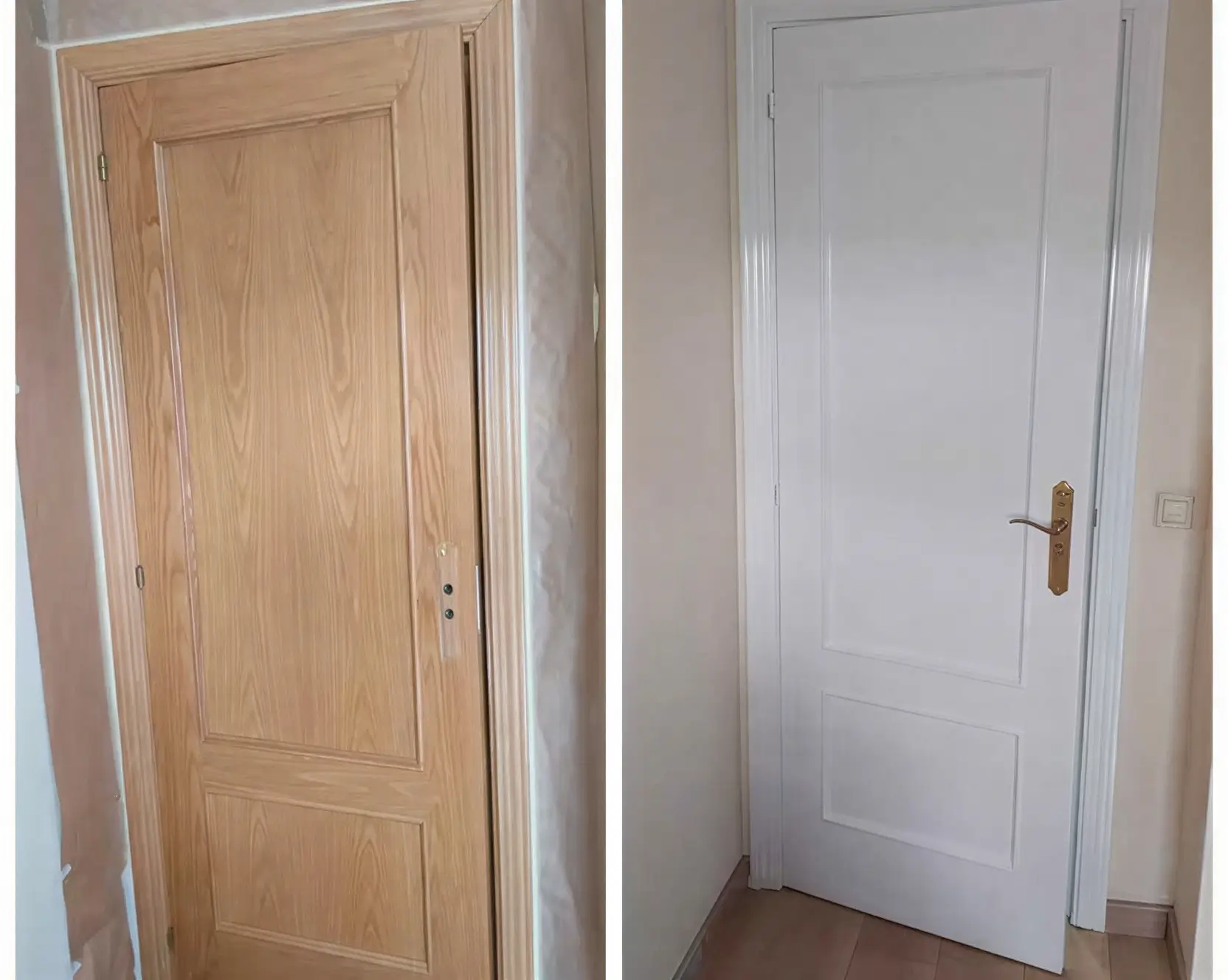 Antes y después de lacar puerta de madera en blanco por Los Pintores Ávila