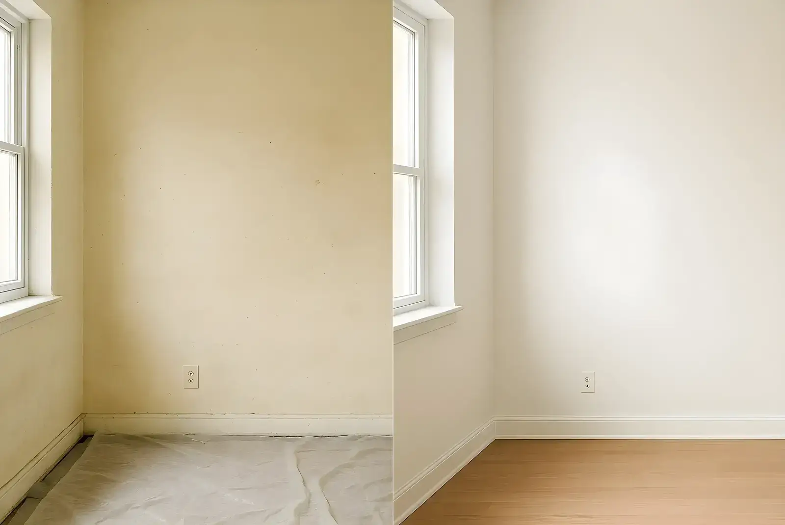 Antes y después de pintura interior en salón, trabajo de Los Pintores Ávila con paredes renovadas